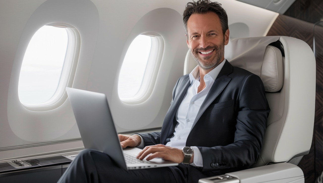 businessman, travel, plane, man, people, phone, work, handsome, suit, worker, executive, looking, professional, smile, communication, train, desk, window, luxury, laptop, computer
