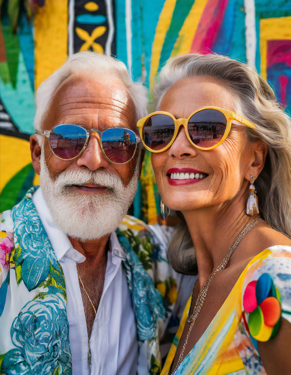 ai generated, couple, elderly, rich, wealthy, luxury, fashion, glasses, smile, love, happiness, dress, beard, portrait